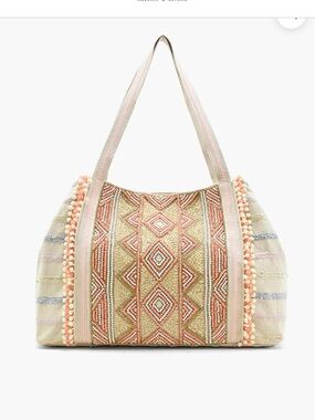 America & Beyond ROSE GOLD TOTE HAND BEADED and METALLIC Embroidered Bag NWT New